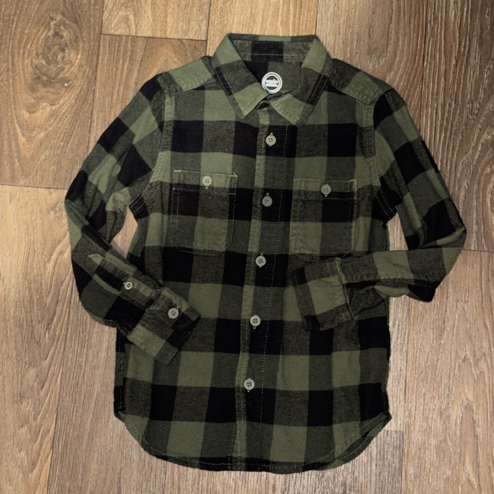 Wonder Nation Kids Green Black Flannel Button Down Shirt XS